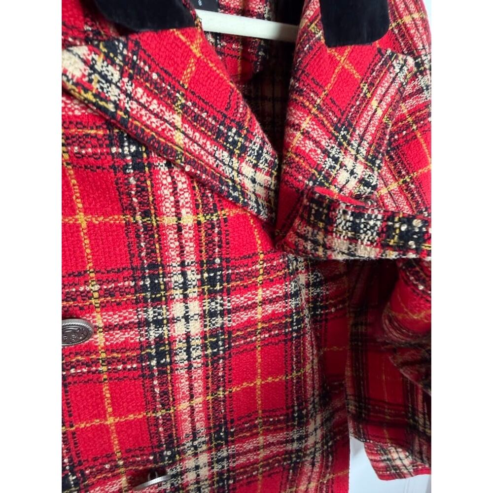 Positive Attitude Red Tartan Plaid Cropped Blazer Velvet Collar Clueless Size 8 - Picture 3 of 11